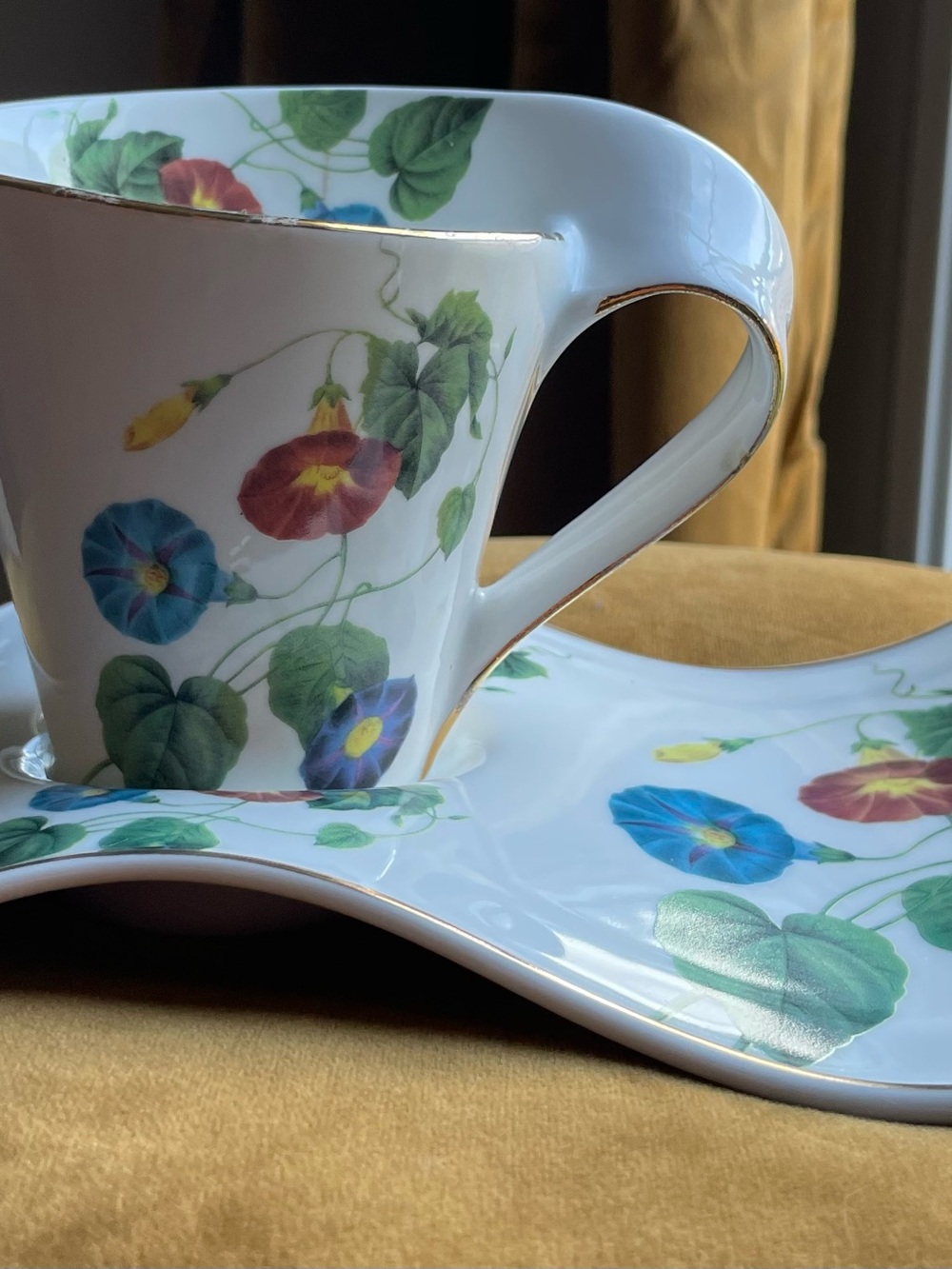 Adeline Porcelain Teacup & Saucer with Blue, Red, Yellow Morning Glory Floral
